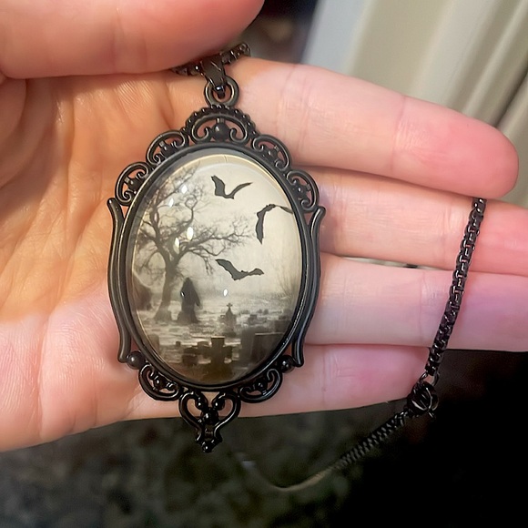 Hand Crafted Jewelry - Gothic Bat & Graveyard Pendant
